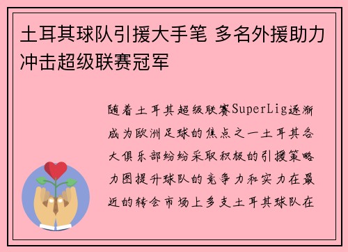 土耳其球队引援大手笔 多名外援助力冲击超级联赛冠军