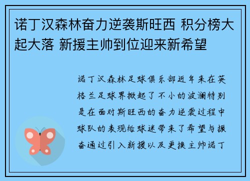 诺丁汉森林奋力逆袭斯旺西 积分榜大起大落 新援主帅到位迎来新希望
