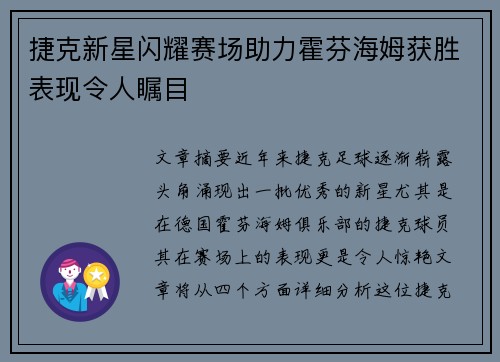 捷克新星闪耀赛场助力霍芬海姆获胜表现令人瞩目